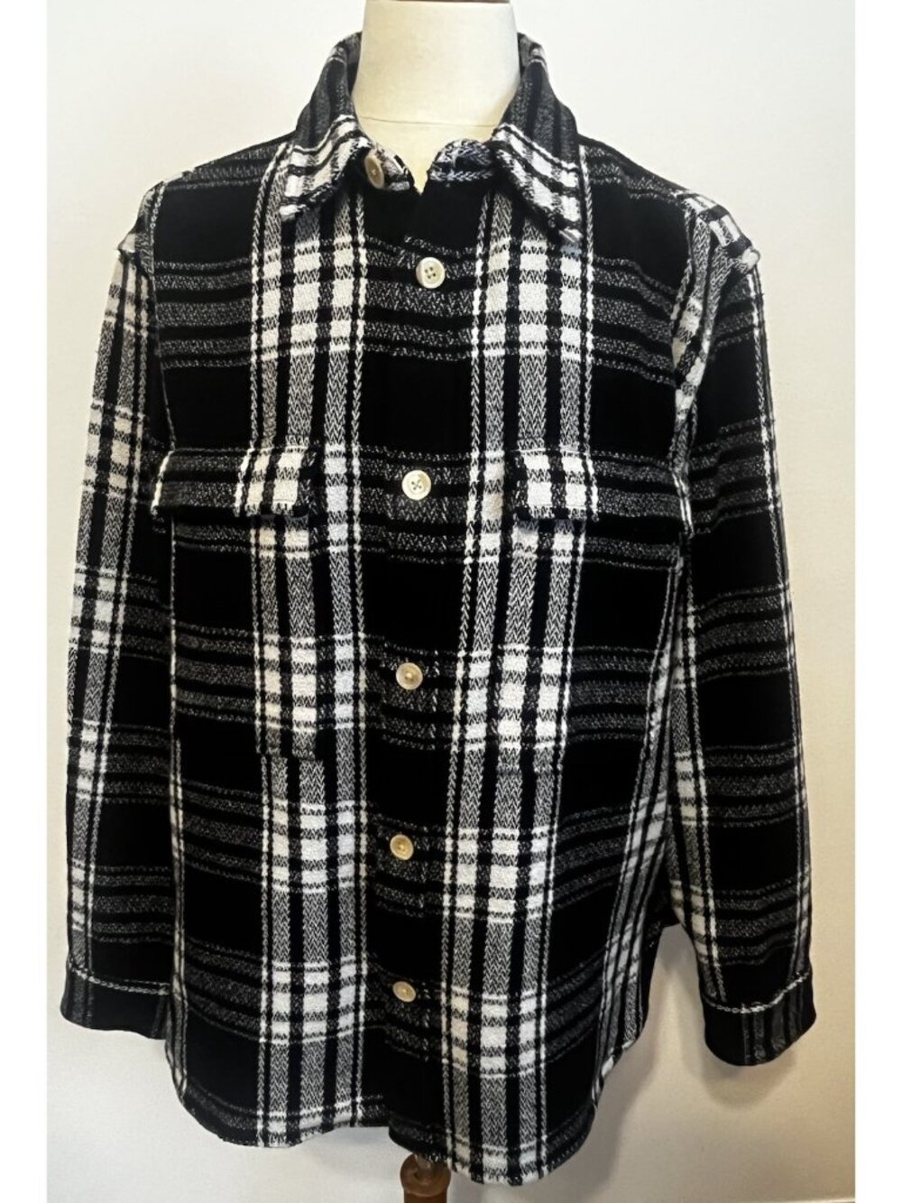 AllSaints Imber Relaxed Fit Check Overshirt Men's XXL Black Ecru White